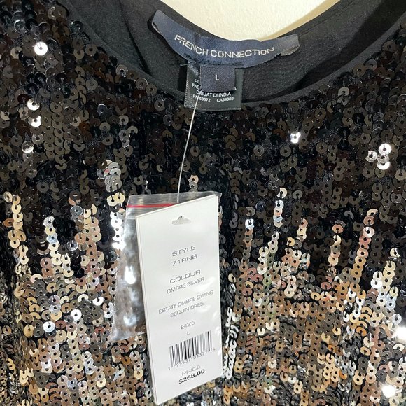French Connection Estari ombre swing mini dress in silver & black Size L - Picture 6 of 7